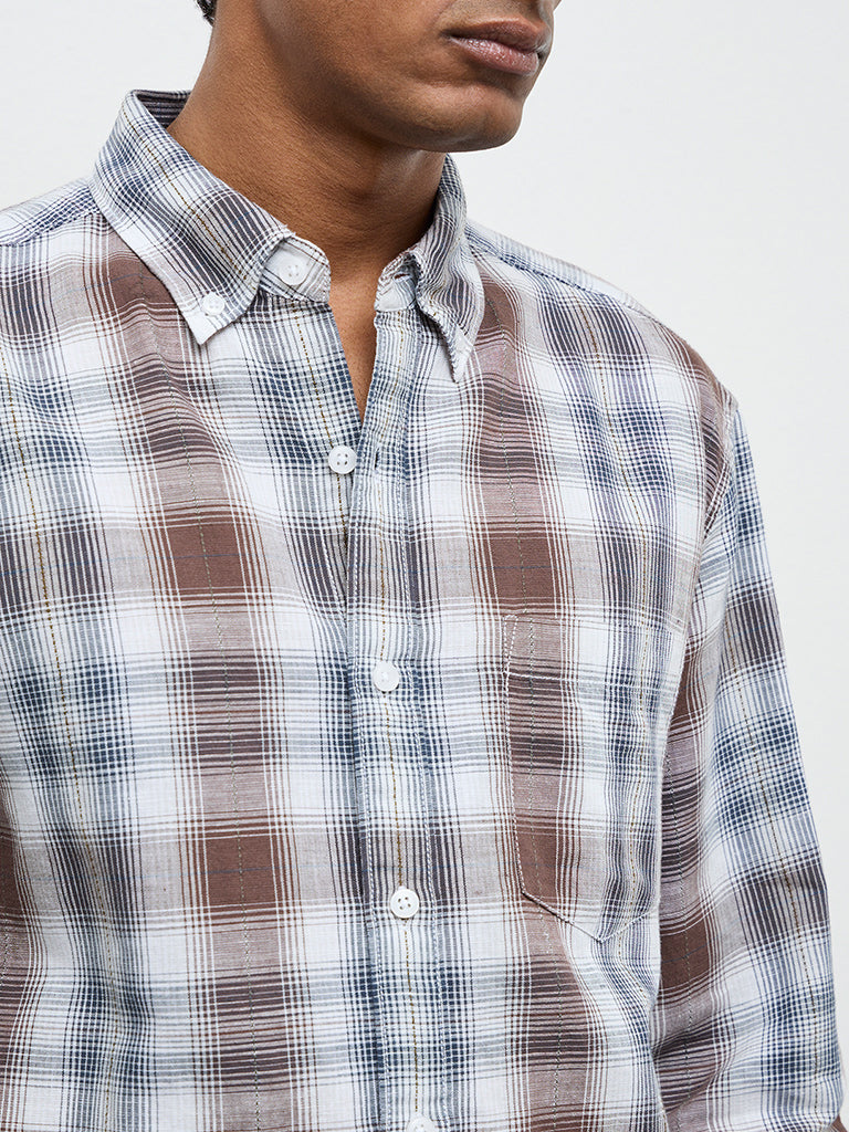 WES Casuals Brown Checkered Relaxed-Fit Cotton-Blend Shirt