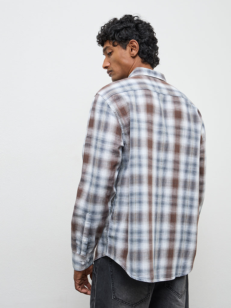 WES Casuals Brown Checkered Relaxed-Fit Cotton-Blend Shirt