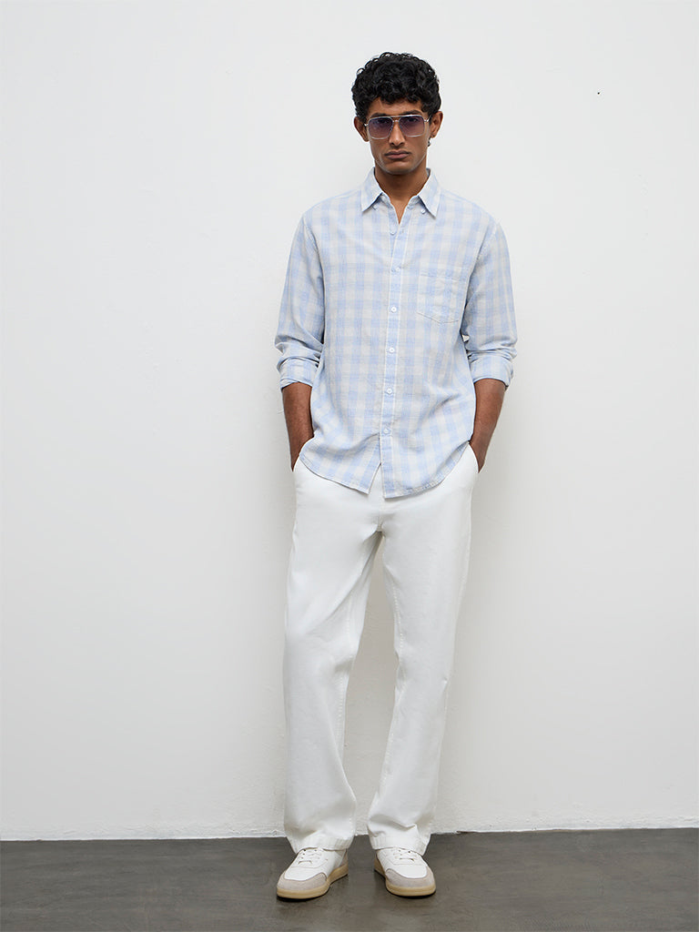 WES Casuals Light Blue Checkered Relaxed-Fit Cotton-Blend Shirt