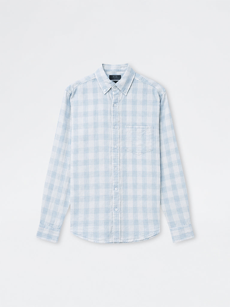 WES Casuals Light Blue Checkered Relaxed-Fit Cotton-Blend Shirt
