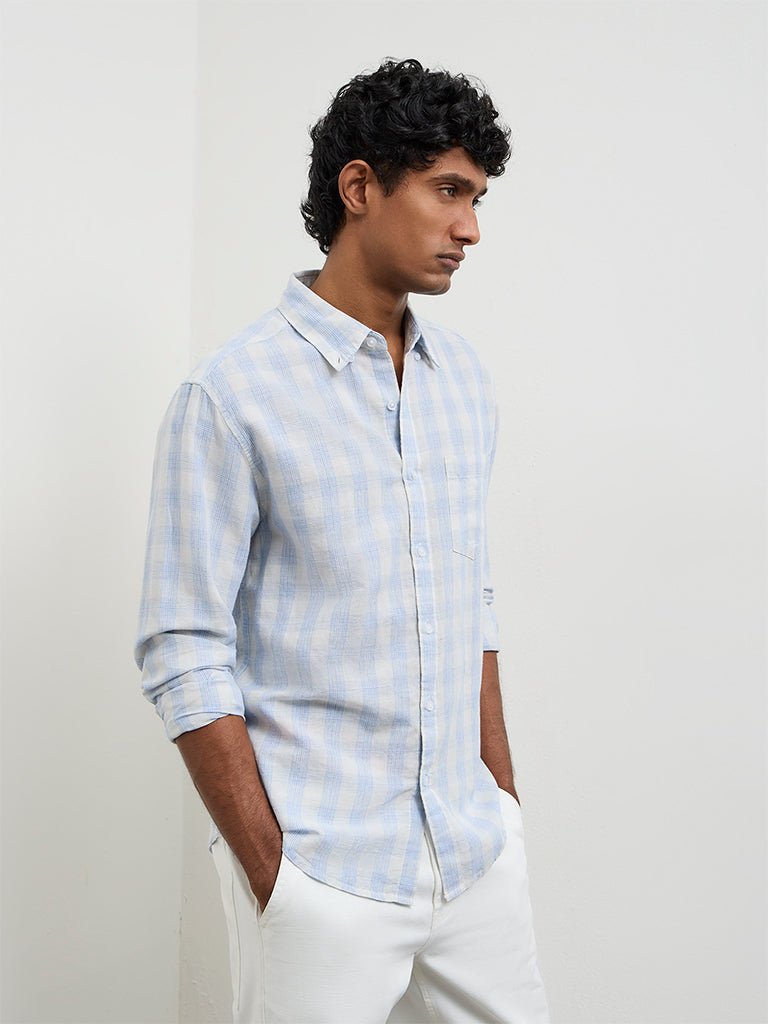 WES Casuals Light Blue Checkered Relaxed-Fit Cotton-Blend Shirt
