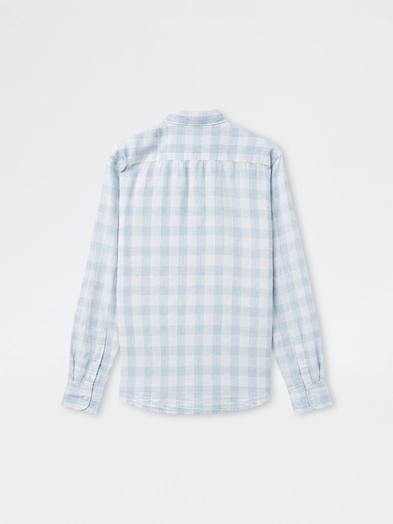 WES Casuals Light Blue Checkered Relaxed-Fit Cotton-Blend Shirt