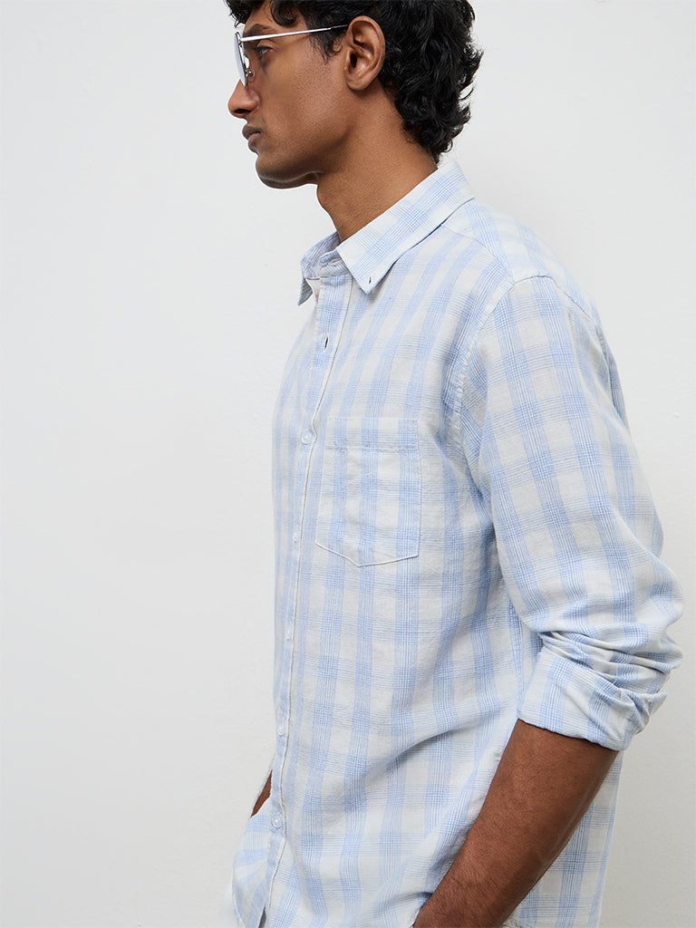 WES Casuals Light Blue Checkered Relaxed-Fit Cotton-Blend Shirt