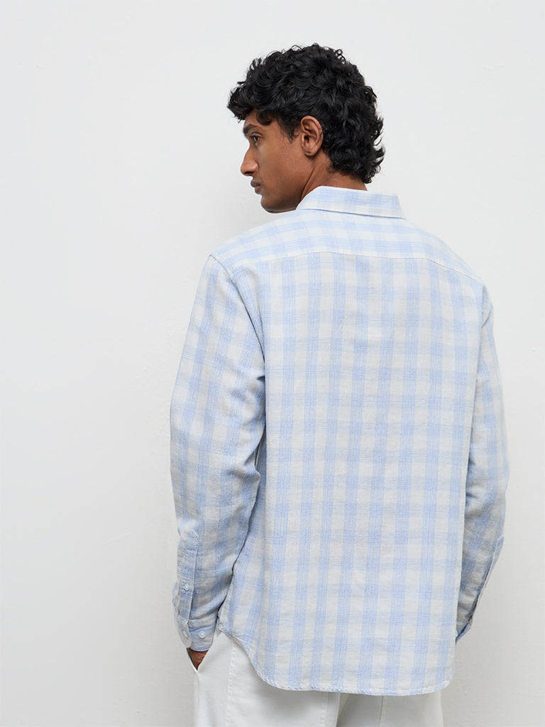 WES Casuals Light Blue Checkered Relaxed-Fit Cotton-Blend Shirt