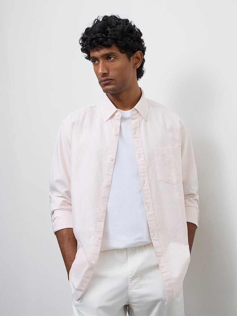 WES Casuals Peach Striped Relaxed-Fit Cotton Shirt