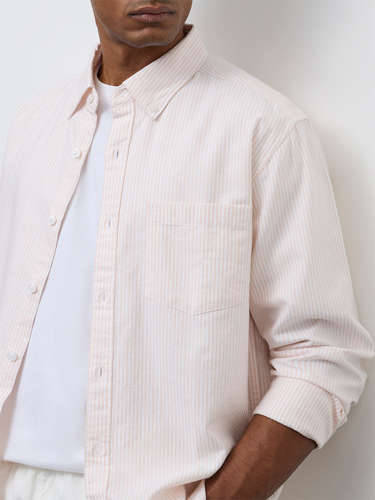 WES Casuals Peach Striped Relaxed-Fit Cotton Shirt
