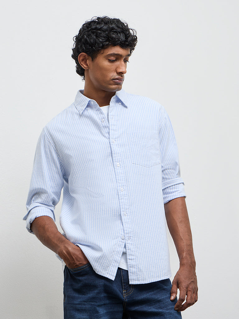 WES Casuals Light Blue Striped Relaxed-Fit Cotton Shirt