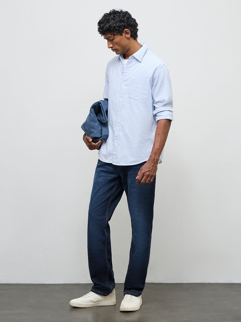 WES Casuals Light Blue Striped Relaxed-Fit Cotton Shirt
