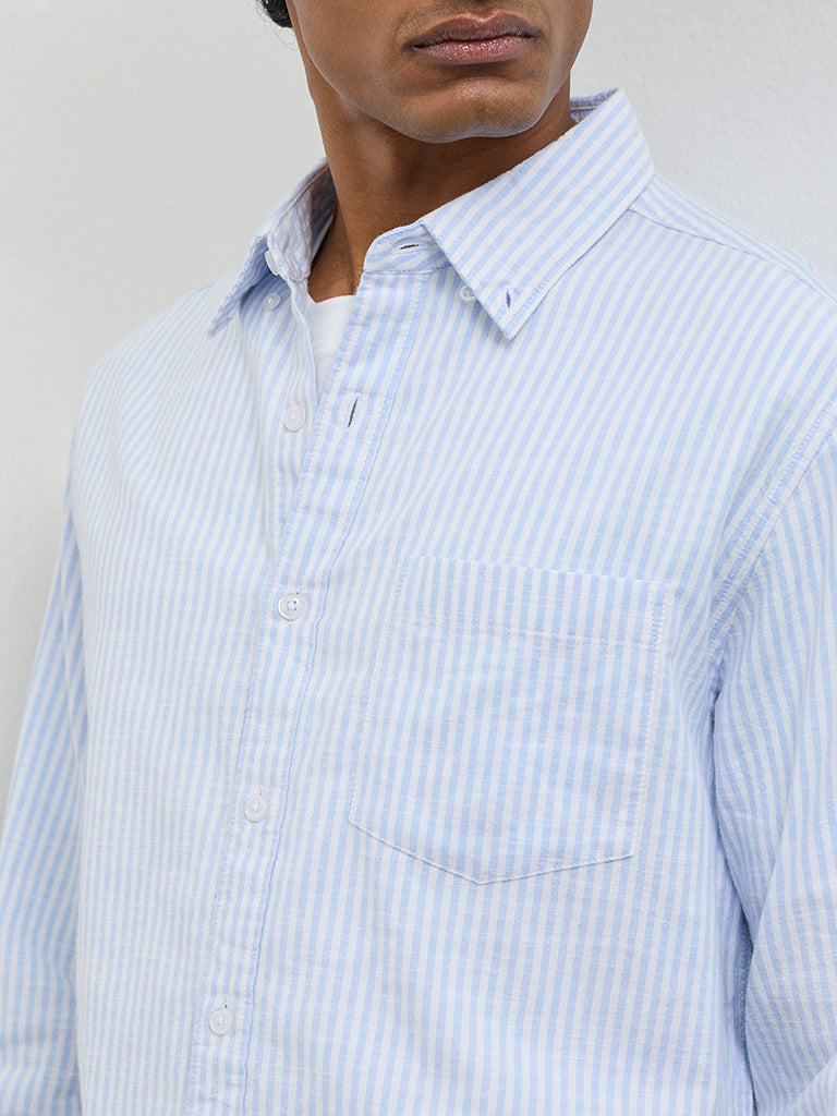 WES Casuals Light Blue Striped Relaxed-Fit Cotton Shirt