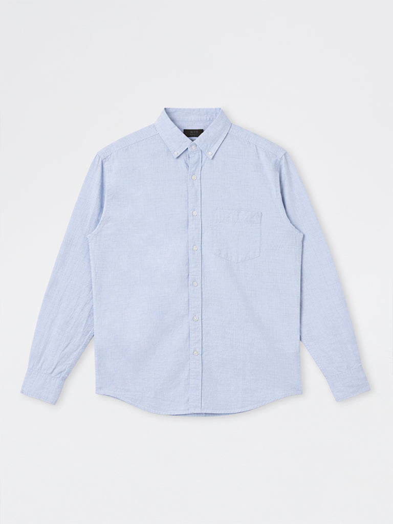 WES Casuals Light Blue Checkered Relaxed-Fit Cotton Shirt