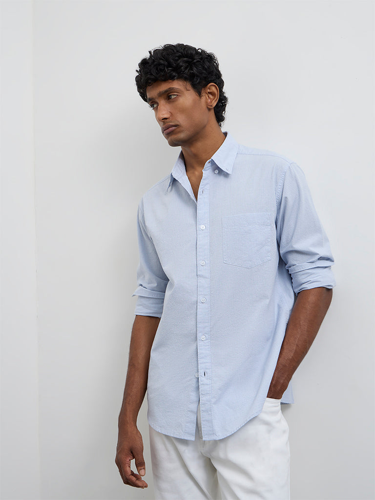 WES Casuals Light Blue Checkered Relaxed-Fit Cotton Shirt