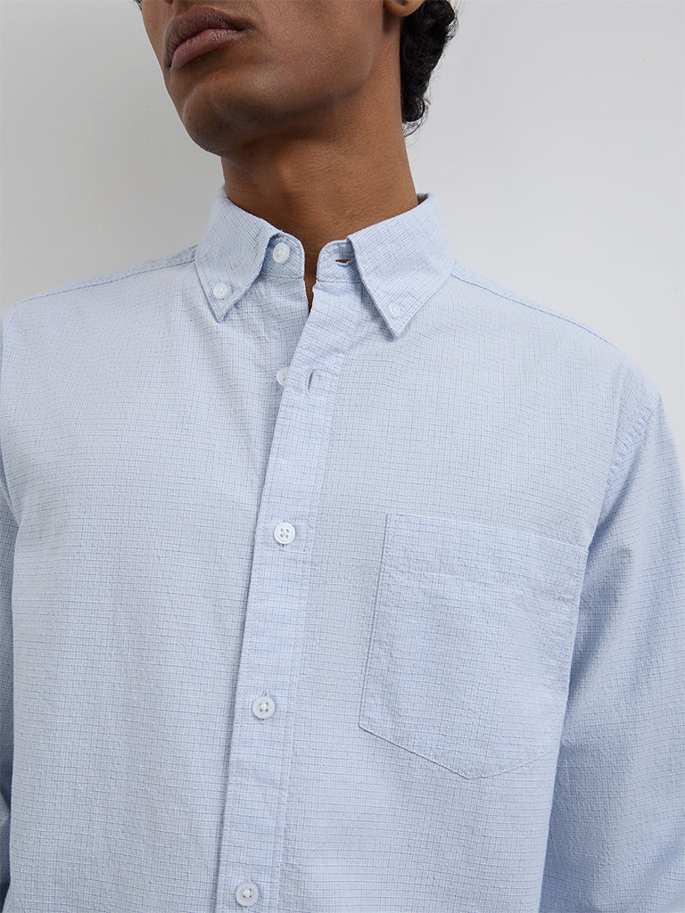 WES Casuals Light Blue Checkered Relaxed-Fit Cotton Shirt
