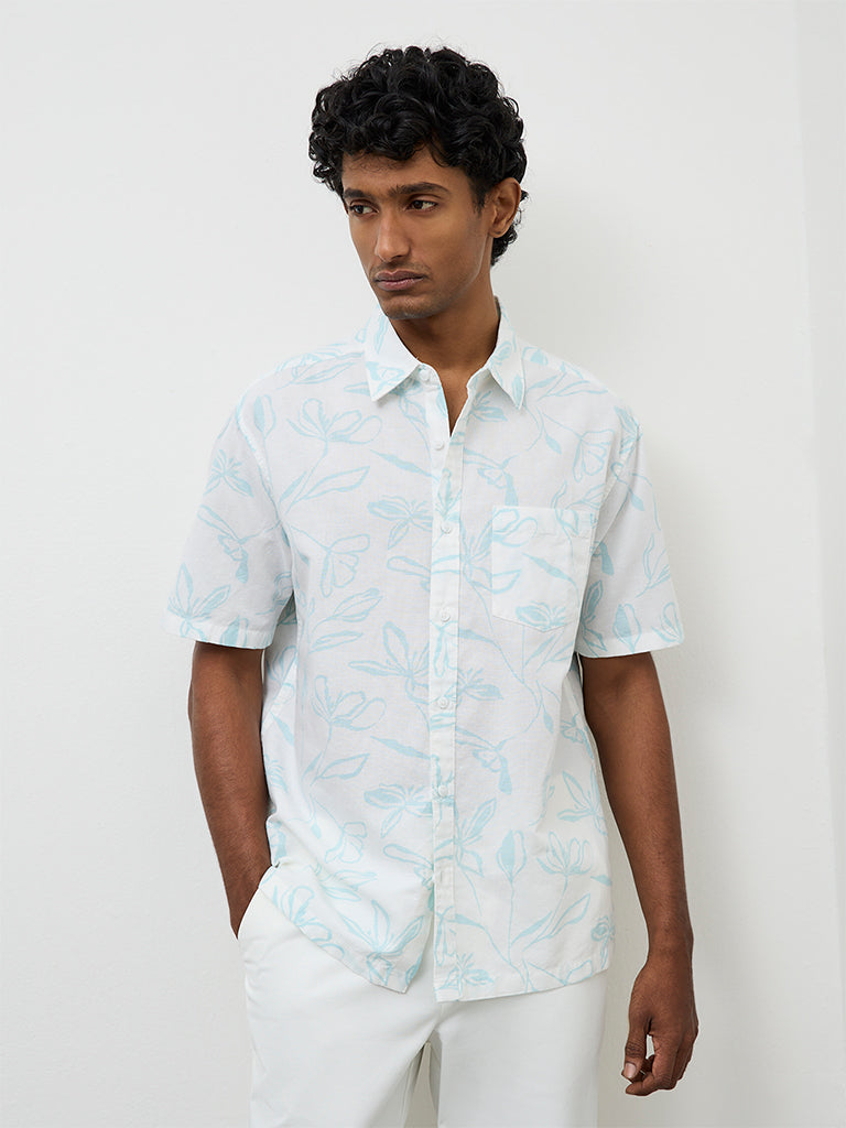 WES Casuals White Printed Relaxed-Fit Cotton-Blend Shirt