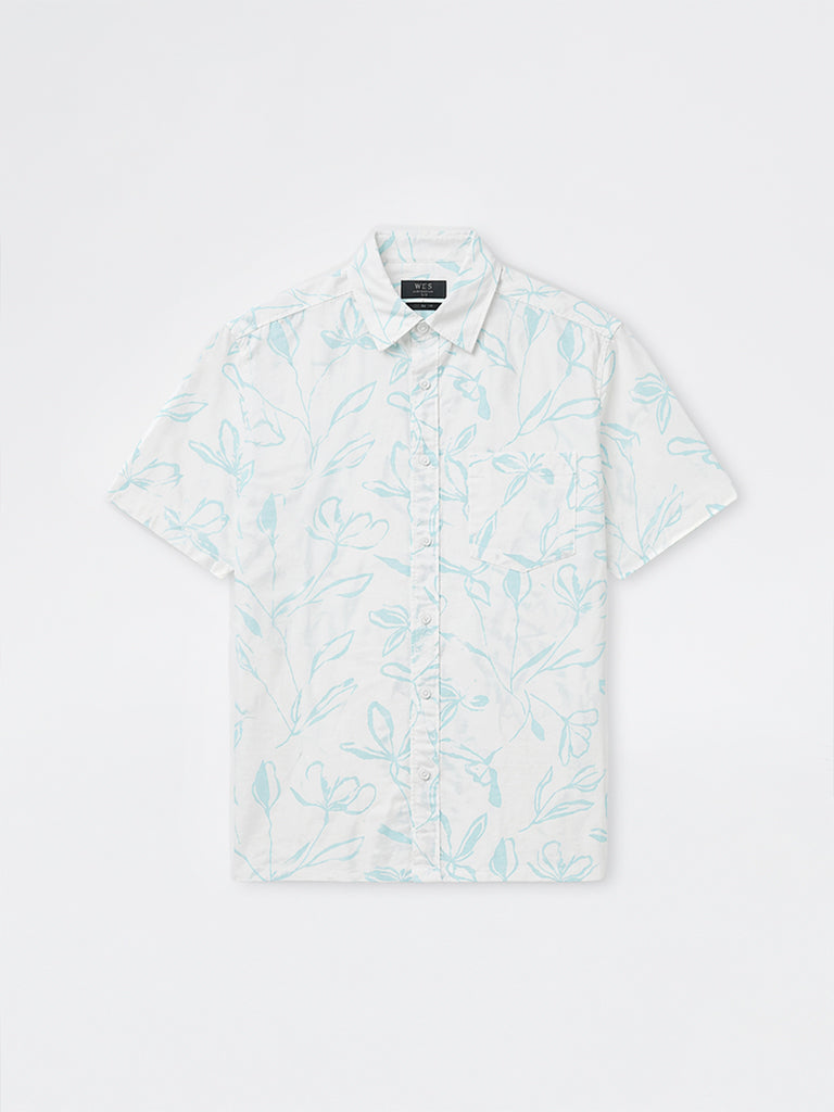 WES Casuals White Printed Relaxed-Fit Cotton-Blend Shirt