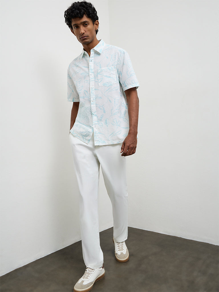 WES Casuals White Printed Relaxed-Fit Cotton-Blend Shirt