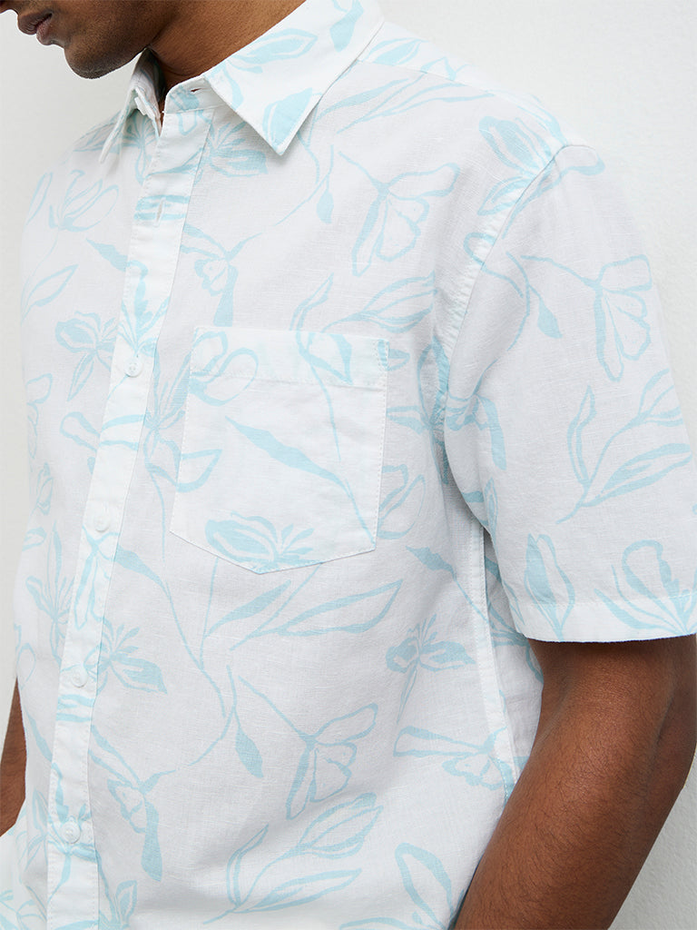 WES Casuals White Printed Relaxed-Fit Cotton-Blend Shirt