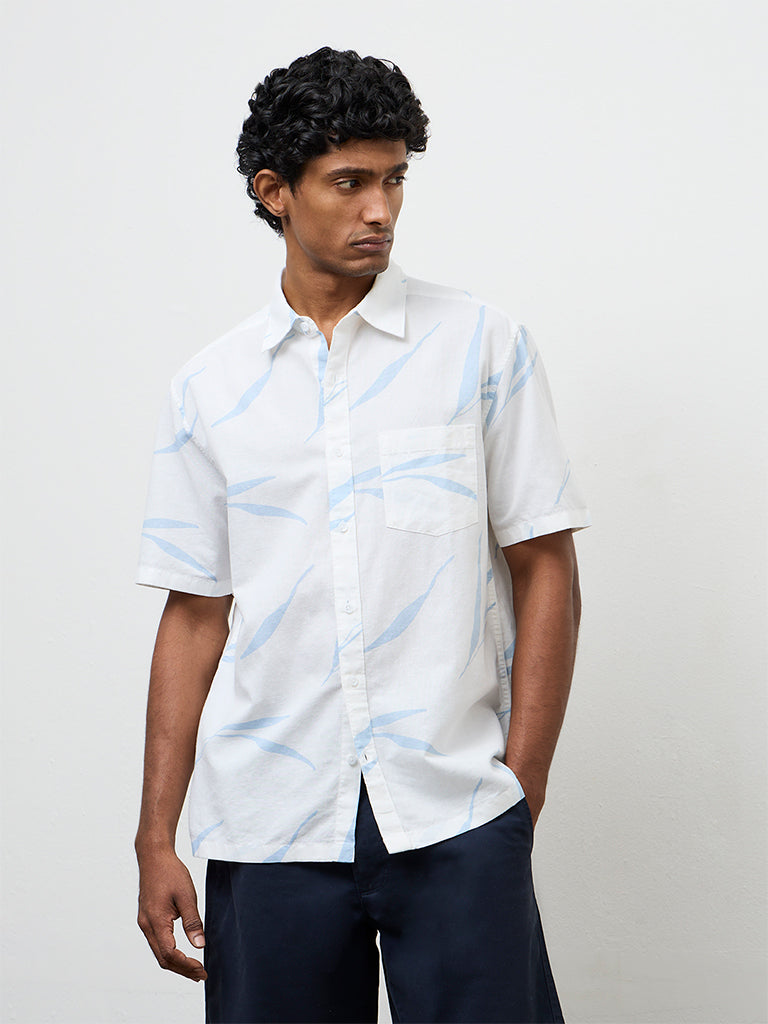 WES Casuals Light Blue Printed Relaxed-Fit Cotton-Blend Shirt