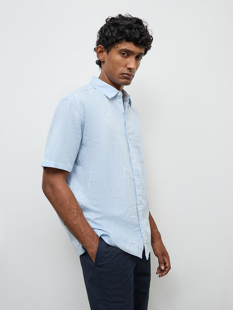WES Casuals Light Blue Botanical Design Relaxed-Fit Cotton-Blend Shirt