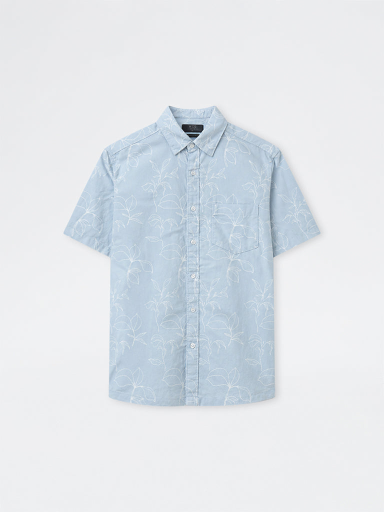 WES Casuals Light Blue Botanical Design Relaxed-Fit Cotton-Blend Shirt