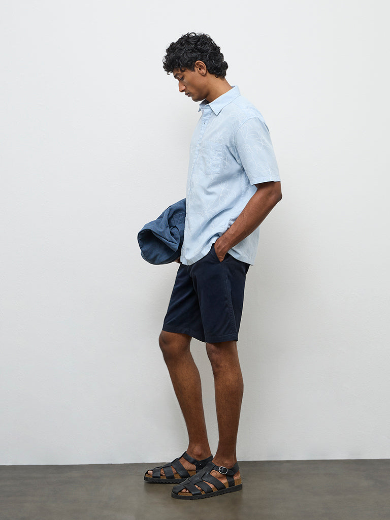 WES Casuals Light Blue Botanical Design Relaxed-Fit Cotton-Blend Shirt
