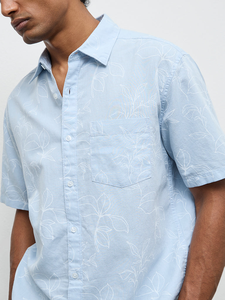 WES Casuals Light Blue Botanical Design Relaxed-Fit Cotton-Blend Shirt