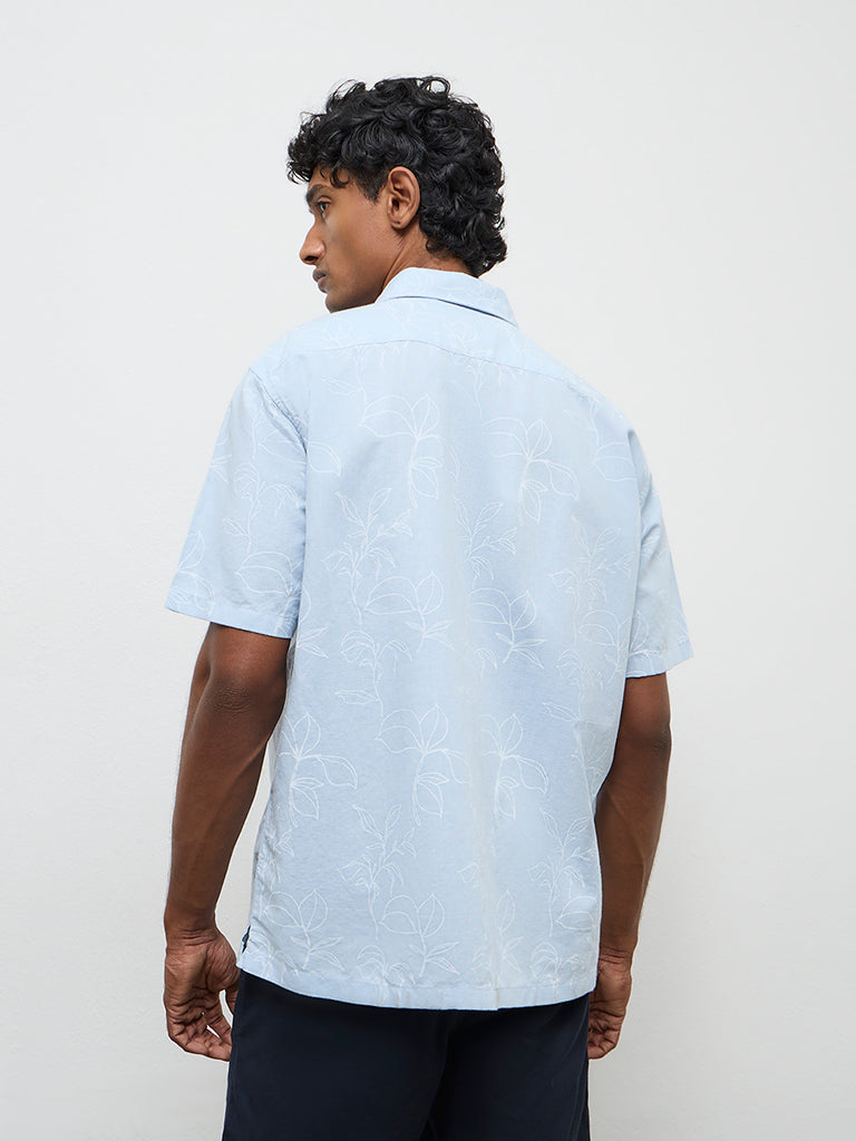WES Casuals Light Blue Botanical Design Relaxed-Fit Cotton-Blend Shirt
