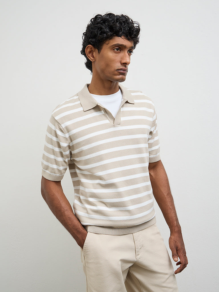WES Casuals Beige Striped Relaxed-Fit Cotton T-Shirt
