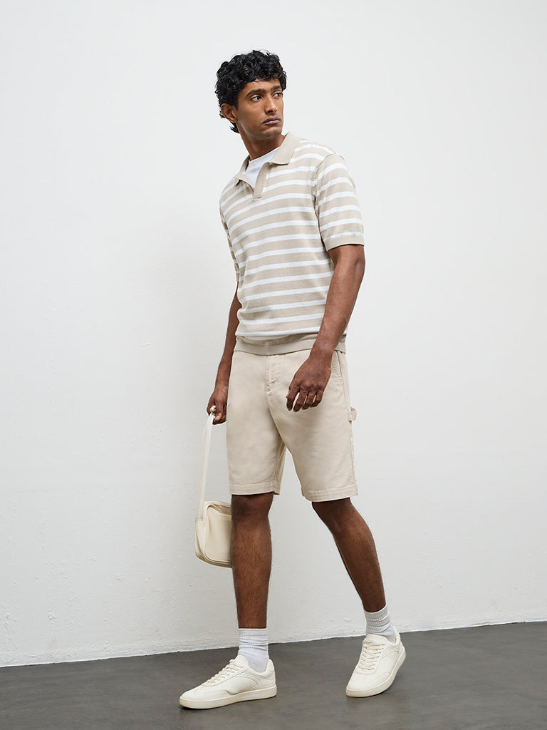 WES Casuals Beige Striped Relaxed-Fit Cotton T-Shirt