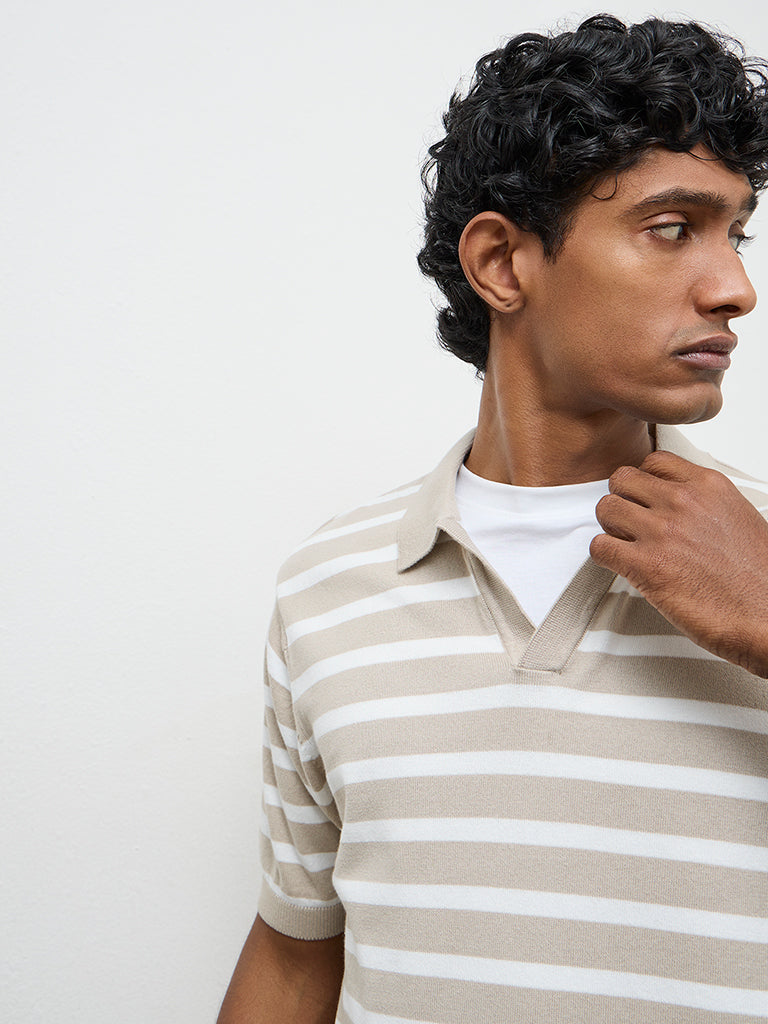 WES Casuals Beige Striped Relaxed-Fit Cotton T-Shirt