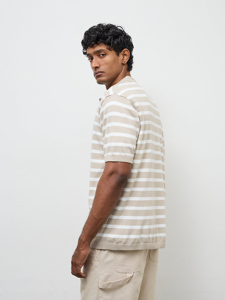 WES Casuals Beige Striped Relaxed-Fit Cotton T-Shirt