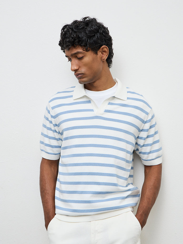 WES Casuals Light Blue Striped Relaxed-Fit Cotton T-Shirt