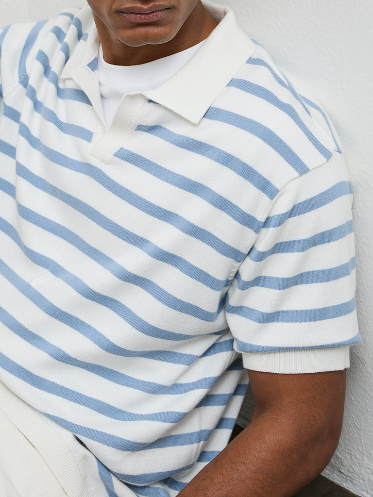 WES Casuals Light Blue Striped Relaxed-Fit Cotton T-Shirt