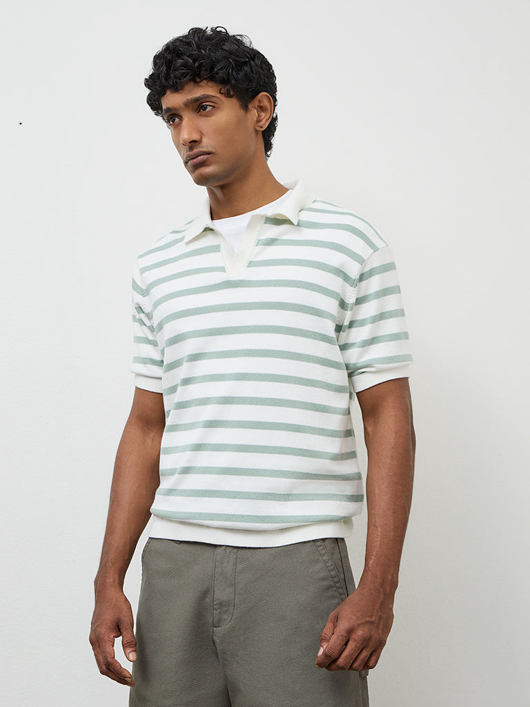 WES Casuals Light Green Striped Relaxed-Fit Cotton T-Shirt