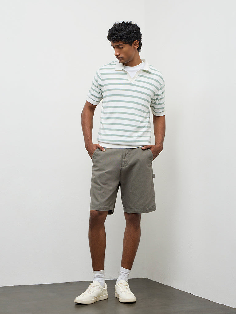 WES Casuals Light Green Striped Relaxed-Fit Cotton T-Shirt