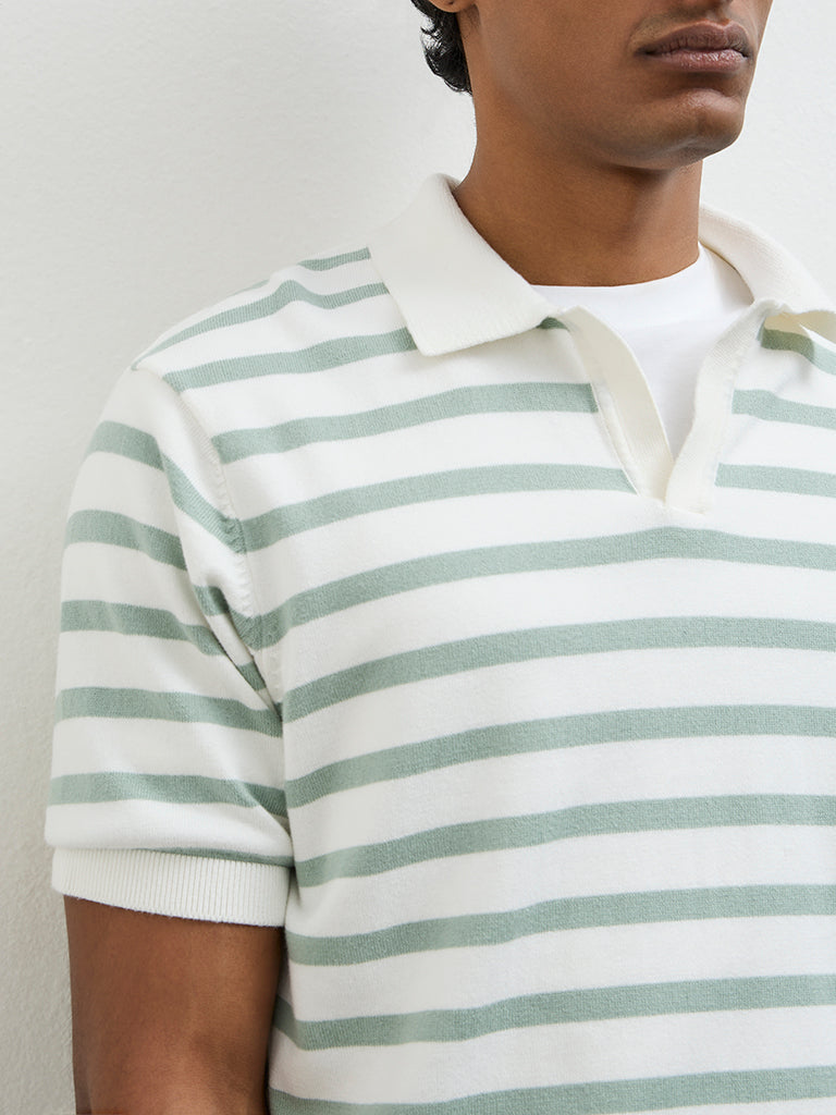 WES Casuals Light Green Striped Relaxed-Fit Cotton T-Shirt