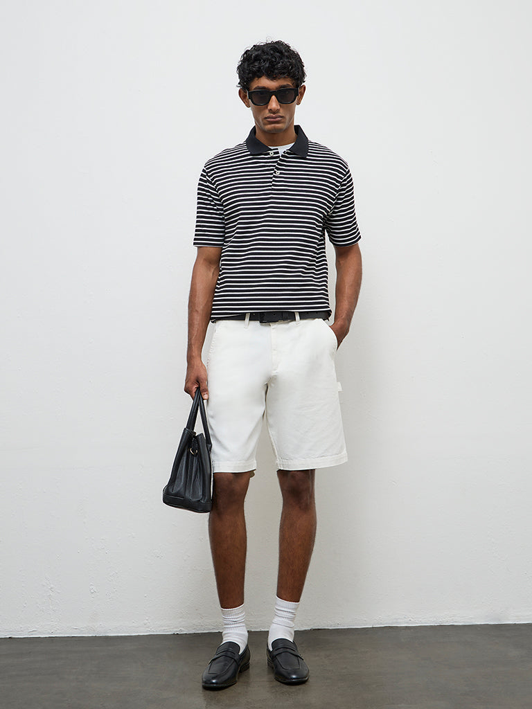 WES Casuals Black Striped Relaxed-Fit Polo T-Shirt