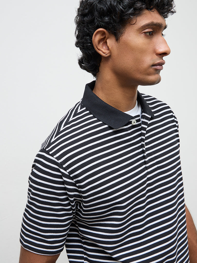 WES Casuals Black Striped Relaxed-Fit Polo T-Shirt