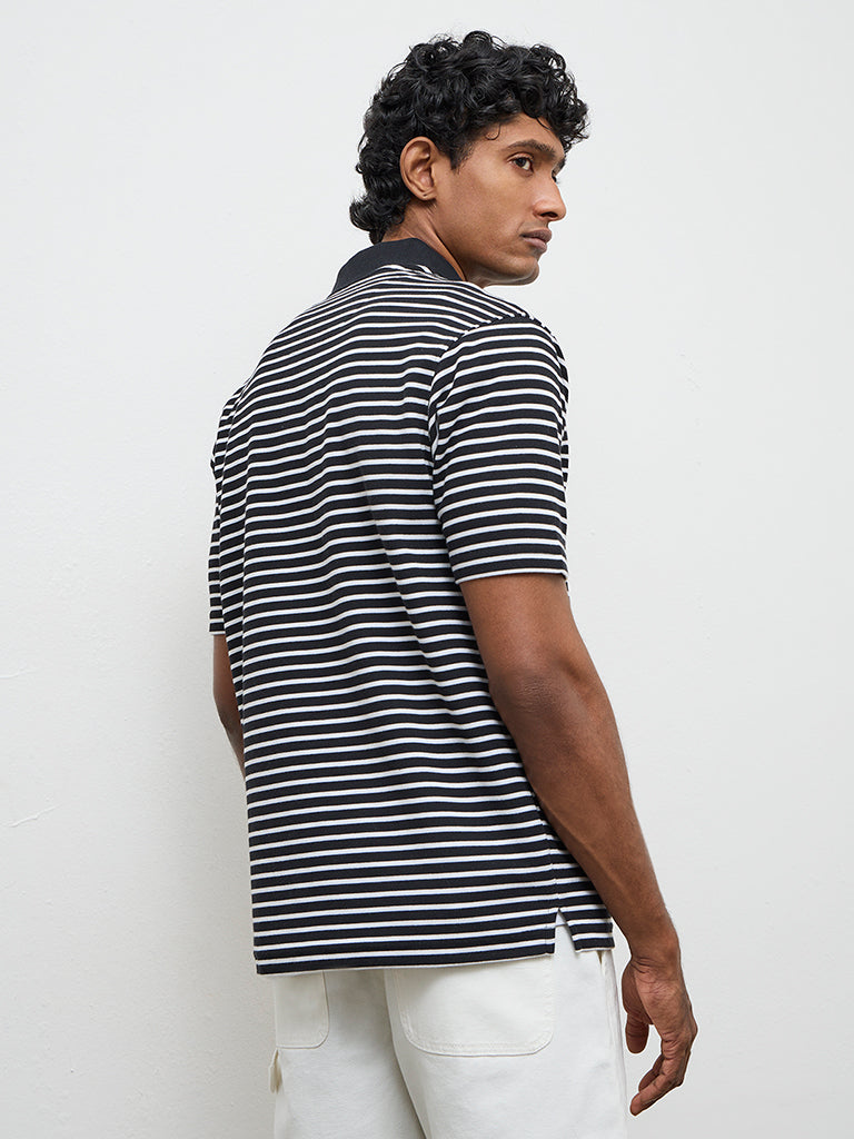 WES Casuals Black Striped Relaxed-Fit Polo T-Shirt