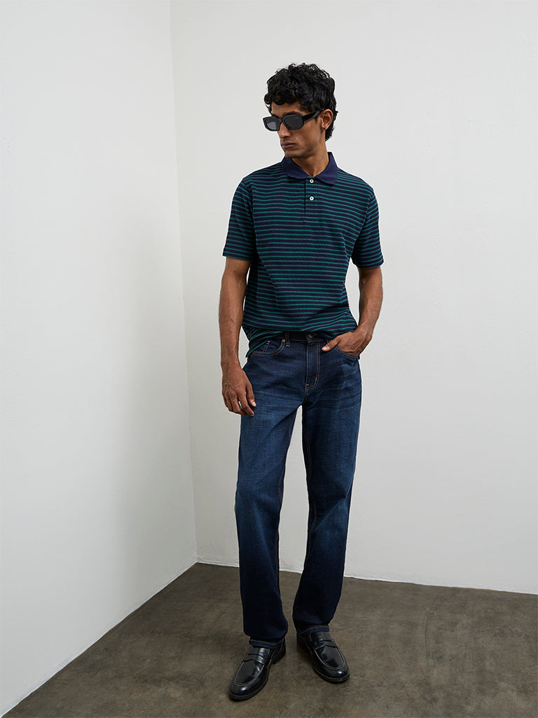 WES Casuals Navy Stripe-Printed Relaxed-Fit Polo T-Shirt