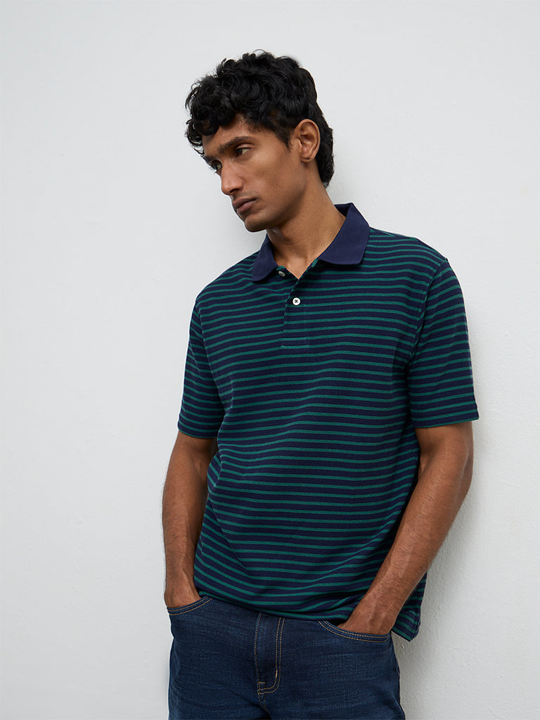 WES Casuals Navy Stripe-Printed Relaxed-Fit Polo T-Shirt