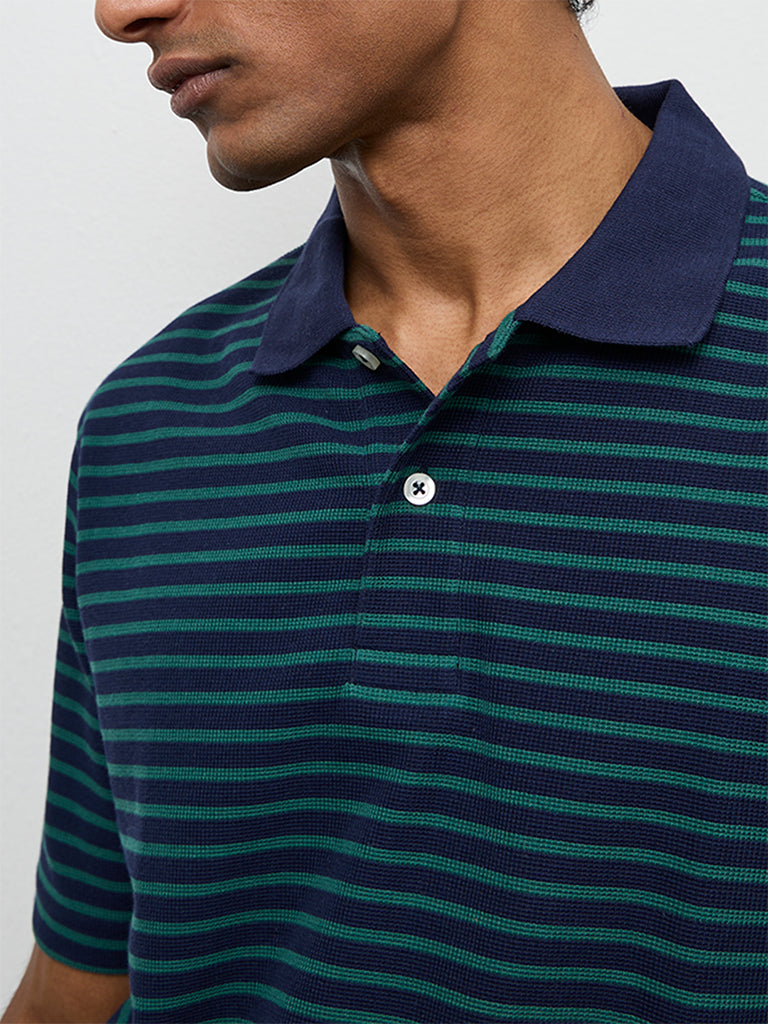 WES Casuals Navy Stripe-Printed Relaxed-Fit Polo T-Shirt