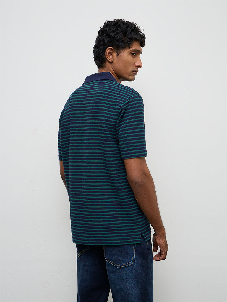 WES Casuals Navy Stripe-Printed Relaxed-Fit Polo T-Shirt