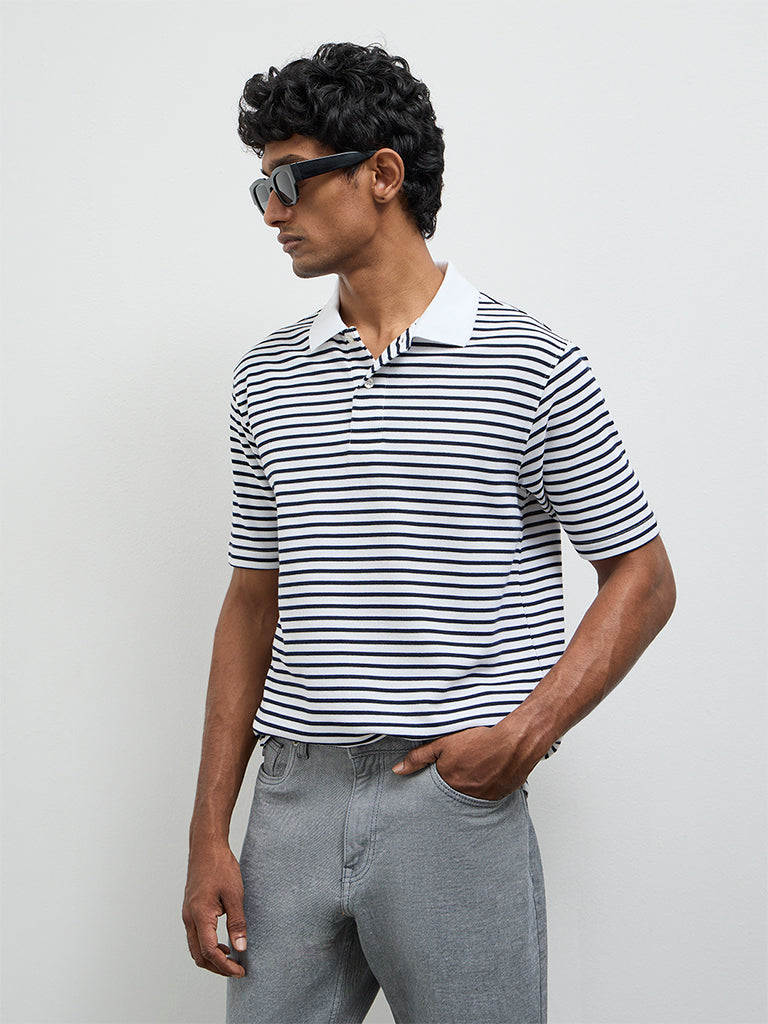 WES Casuals Off-White Striped Relaxed-Fit Polo T-Shirt