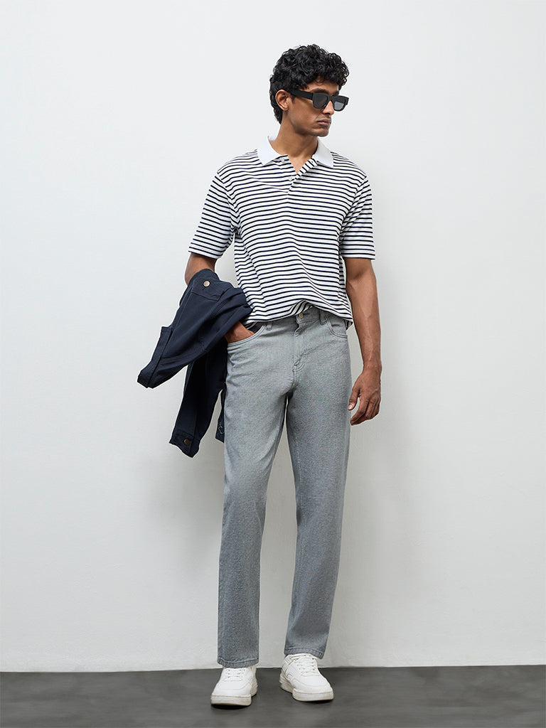 WES Casuals Off-White Striped Relaxed-Fit Polo T-Shirt