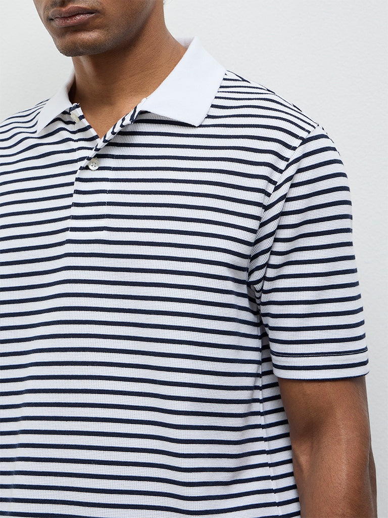 WES Casuals Off-White Striped Relaxed-Fit Polo T-Shirt