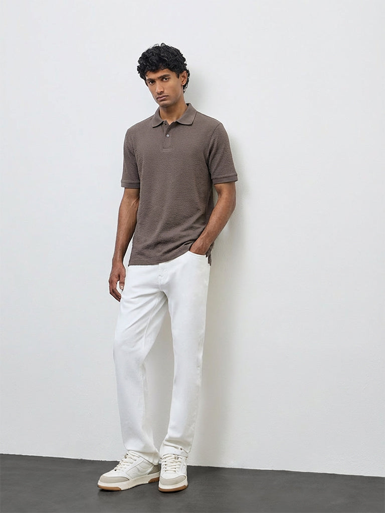 WES Casuals Brown Seersucker Textured Relaxed-Fit Cotton-Blend Polo T-Shirt