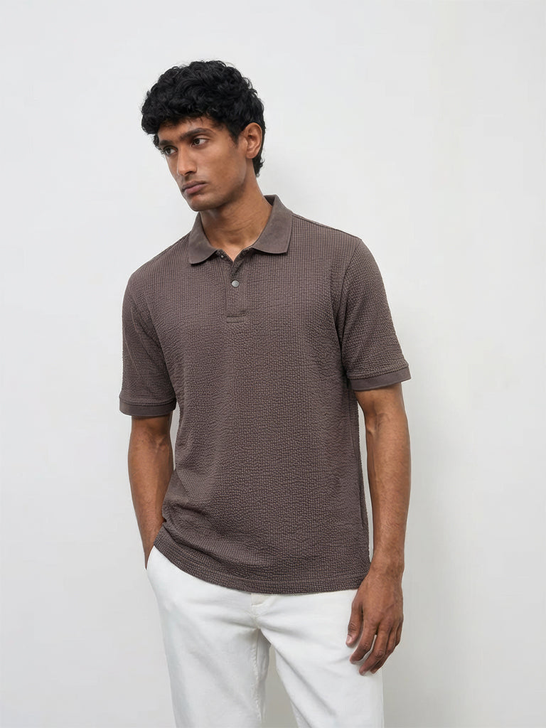 WES Casuals Brown Seersucker Textured Relaxed-Fit Cotton-Blend Polo T-Shirt
