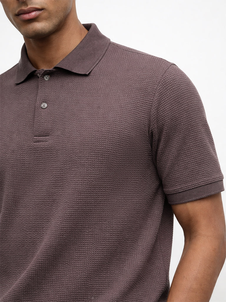 WES Casuals Brown Seersucker Textured Relaxed-Fit Cotton-Blend Polo T-Shirt