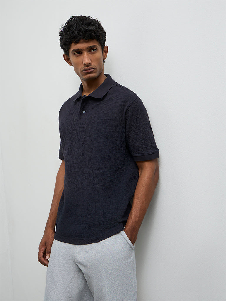 WES Casuals Navy Textured Relaxed Fit Polo T-Shirt