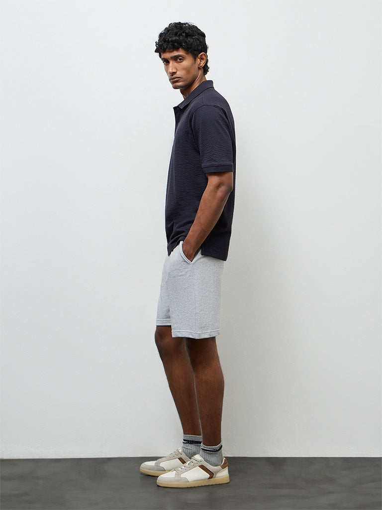 WES Casuals Navy Textured Relaxed Fit Polo T-Shirt